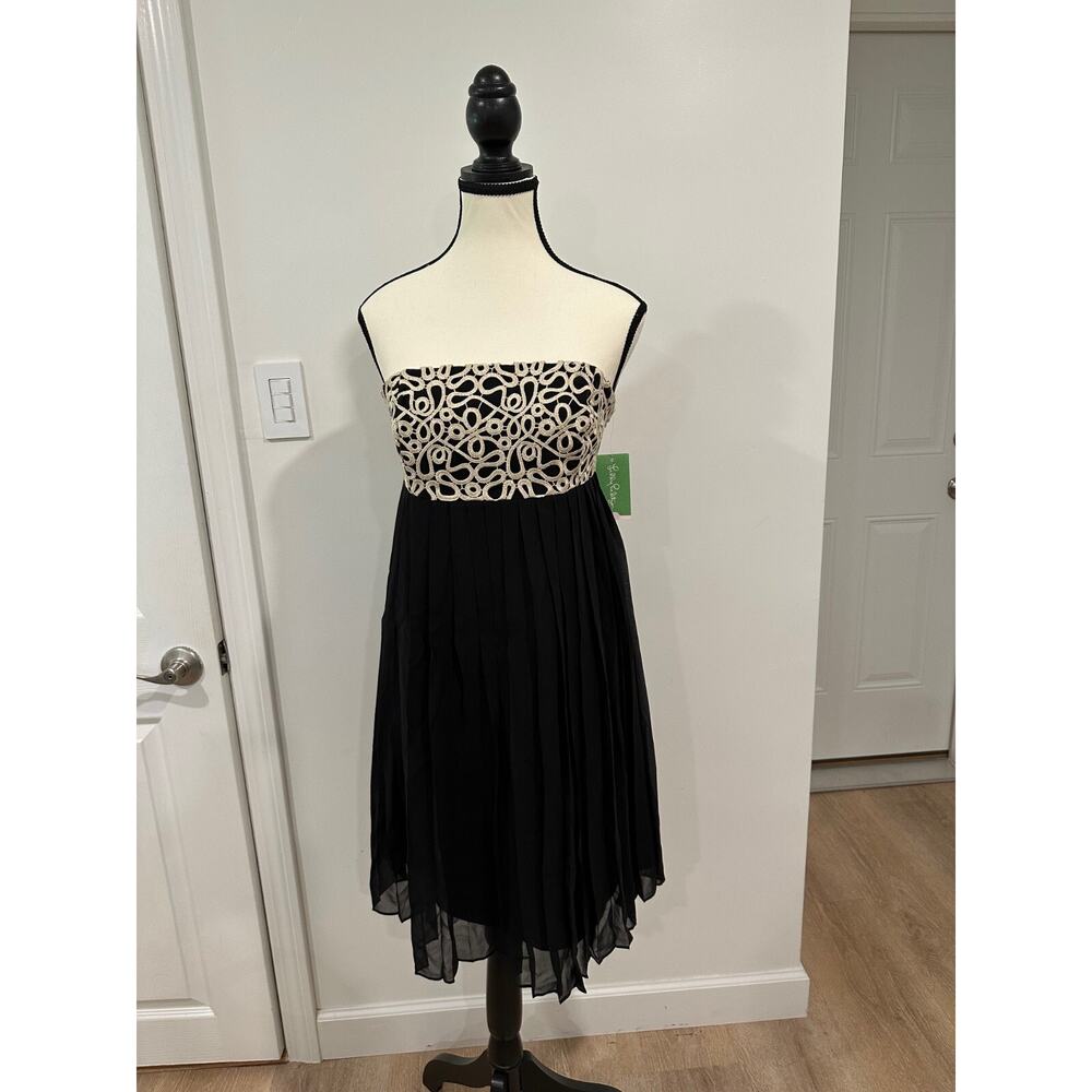 Lilly Pulitzer Jillie Silk Strapless Dress Black Gold Chiffon Size 8, NWT